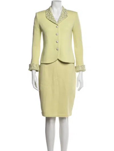 Pre-owned St John Wool Crystal Embellishments Skirt Suit In Green