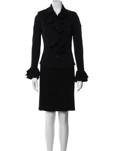 Pre-owned St John Wool Grosgrain Trim Skirt Set In Grey