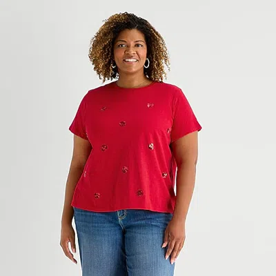 St. John's Bay Womens Plus Crew Neck Short Sleeve T-shirt In Red