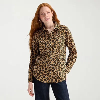St. John's Bay Womens Tall Cuffed Long Sleeve Regular Fit Button-down Shirt In Brown