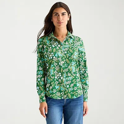 St. John's Bay Womens Tall Cuffed Long Sleeve Regular Fit Button-down Shirt In Green