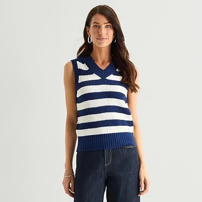St. John's Bay Womens V Neck Striped Cable Knit Sweater Vest In Blue