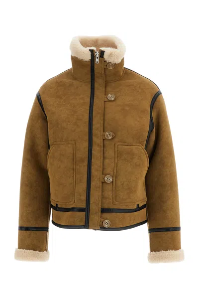 Stand Studio Beige Dara High-funnel Collar Faux Shearling Jacket In Green