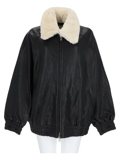 Stand Studio Black Shearling Collar Lambskin Leather Jacket