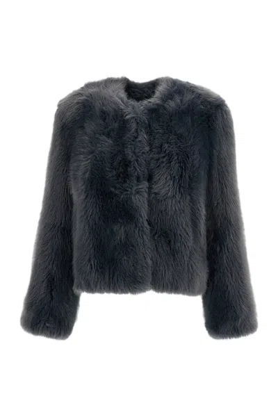 Stand Studio Blue Halle Collarless Boxy Faux Fur Jacket