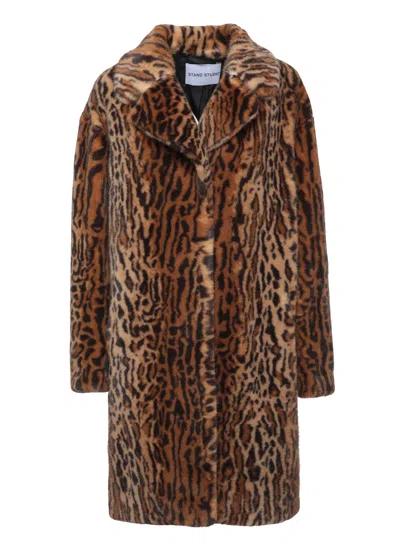 Stand Studio Camille Cocoon Coat With All-over Animal Print And Classic Lapel In Black