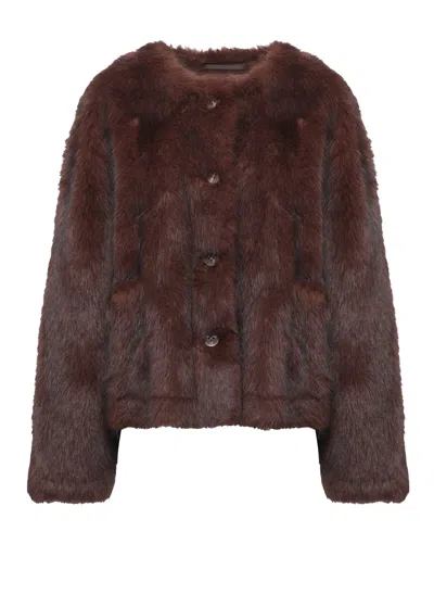 Stand Studio Cropped Brown Faux Fur Jacket With Round Neck