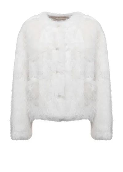 Stand Studio Cropped White Faux Fur Jacket With Plush Texture