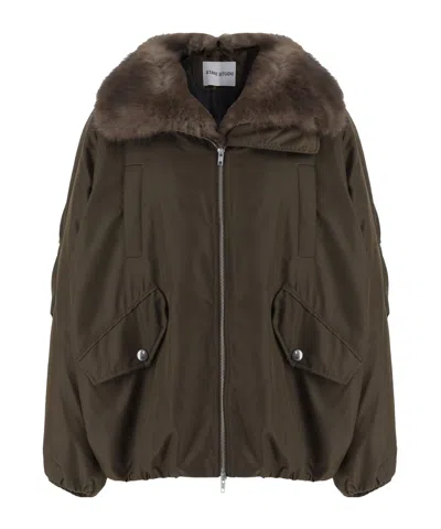 Stand Studio Faux Fur Collar Coat In Green