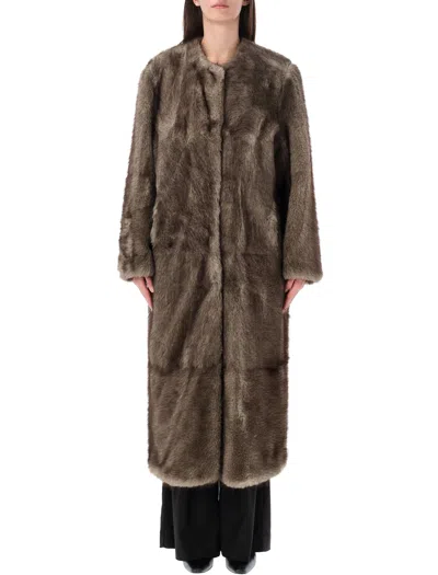 Stand Studio Long Faux Fur Coat In Natural Grey