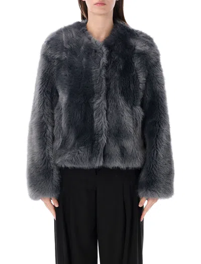 Stand Studio Patchwork Faux Fur Mini Jacket With Concealed Buttons In Dove Blue