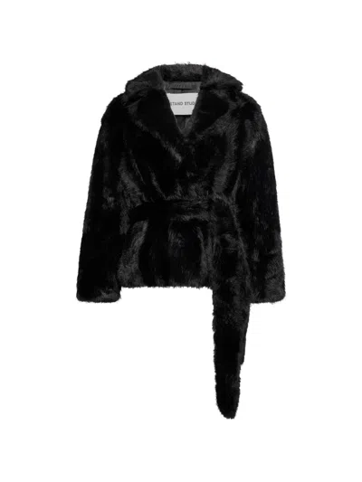 Stand Studio Silena Belted Faux-fur Jacket In Black