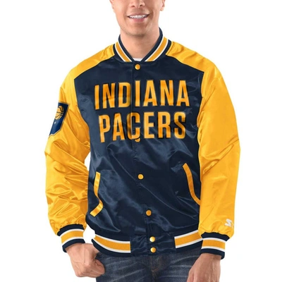 Starter Men's  Navy, Gold Indiana Pacers Renegade Satin Full-snap Varsity Jacket In Navy,gold