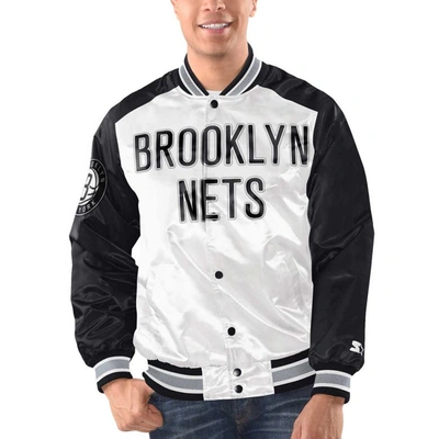 Starter Men's  White, Black Brooklyn Nets Renegade Satin Full-snap Varsity Jacket In White,black