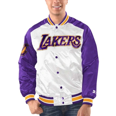 Starter Men's  White, Purple Los Angeles Lakers Renegade Satin Full-snap Varsity Jacket In White,purple