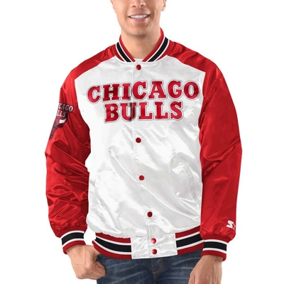 Starter Men's  White, Red Chicago Bulls Renegade Satin Full-snap Varsity Jacket In White,red