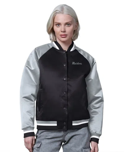 Starter Women's Black/silver Las Vegas Raiders Satin Full-snap Vintage Varsity Jacket