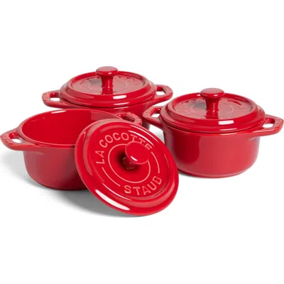 Staub Dark Blue 3-piece Mini Round Cocotte Set In Cherry