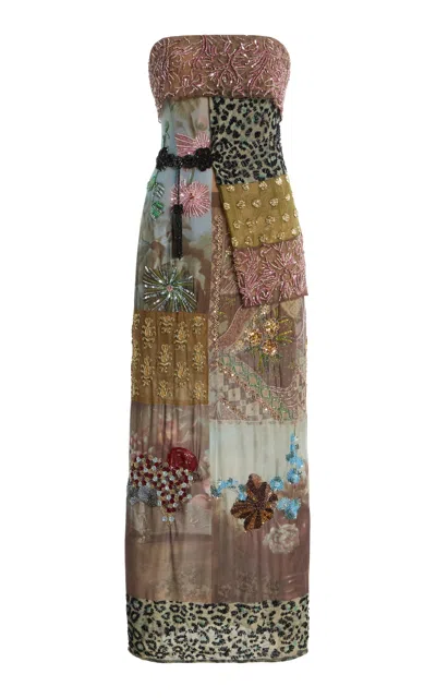 Staud Chateau Beaded Patchwork Chiffon Midi Dress In Multi