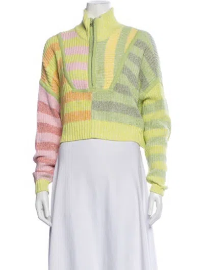 Pre-owned Staud Colorblock Pattern Mock Neck Sweater In Green