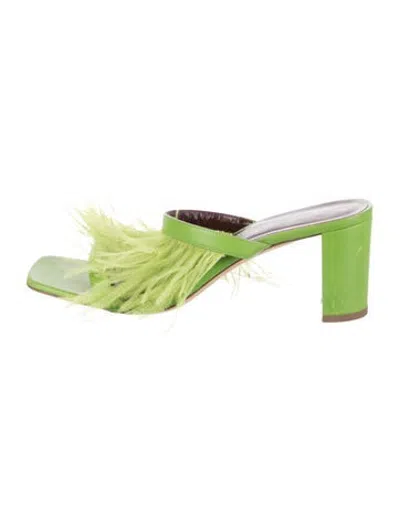 Pre-owned Staud Leather Feather Trim Slides In Green