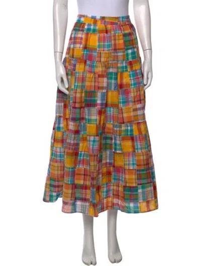 Pre-owned Staud Plaid Print Long Skirt In Yellow