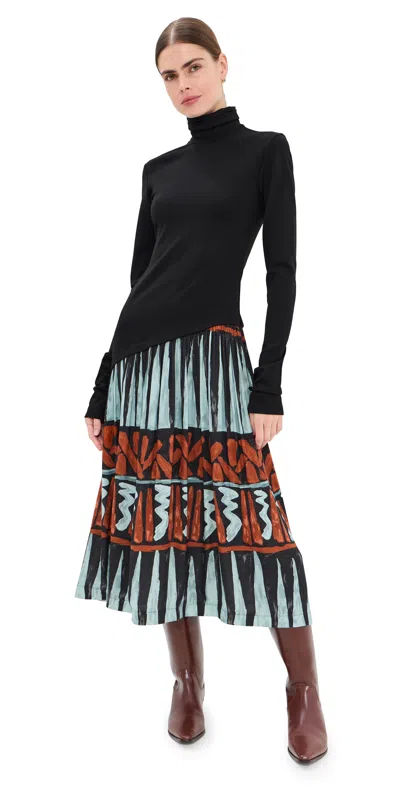 Stella Jean Midi Turtleneck Dress Black/brown/light Blue/rust In Multi