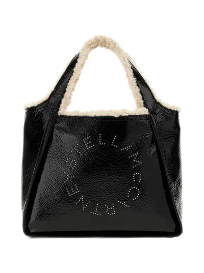 Stella Mccartney Logo Cracked Patent Crossbody Tote Bag In Black