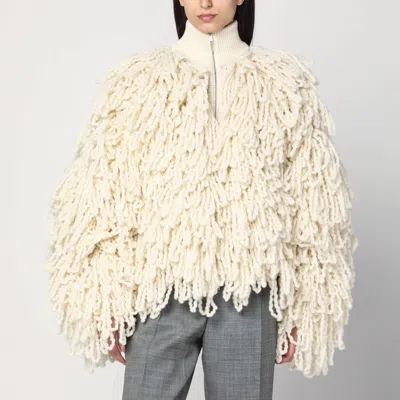 Stella Mccartney White Wool Bomber Jacket With Fringes