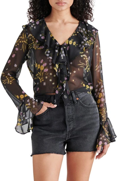 Steve Madden Bay Floral Ruffle Chiffon Top In Black