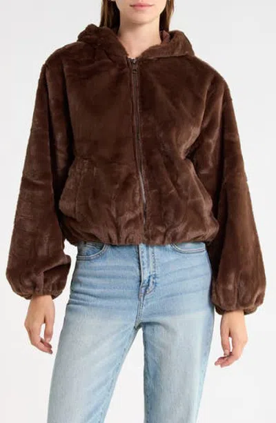 Steve Madden Faux Fur Hooded Bubble Jacket In Brown