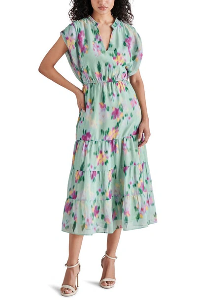 Steve Madden Leigh Floral Cap Sleeve Tiered Midi Dress In Sea Green