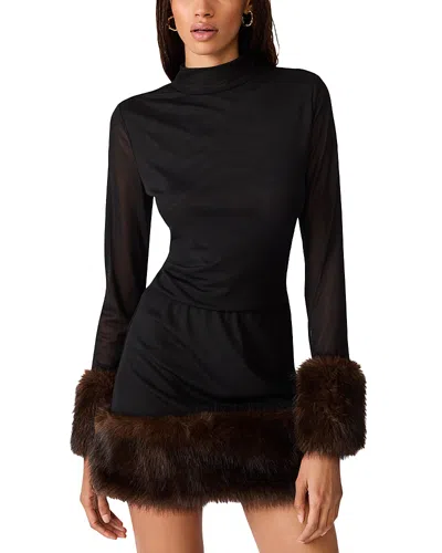 Steve Madden Lilienne Sheer Faux Fur Trim Top In Black