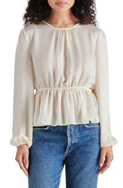 Steve Madden Long Sleeve Washed Satin Peplum Top In Ivory