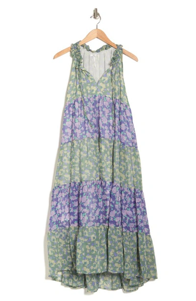 Stitchdrop Totally Beachin' Floral Colorblock Tiered Midi Dress In Lavender
