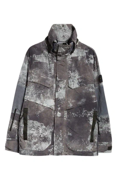 Stone Island Dissolving Grid Camouflage Econyl® Regenerated Nylon Hooded Jacket In Grey