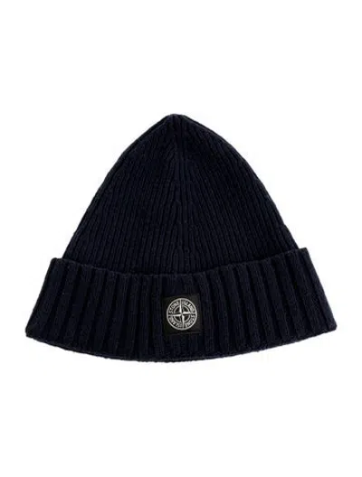 Pre-owned Stone Island Kids Boys Knit Logo Beanie In Blue