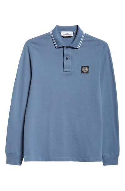 Stone Island Slim Fit Compass Logo Long Sleeve Stretch Cotton Polo In Dark Blue