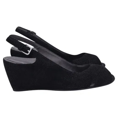 Pre-owned Stuart Weitzman Peep-toe Slingback Wedge In Black Cotton