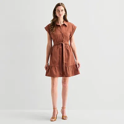Studio 1 Womens Short Sleeve Shirt Dress In Brown
