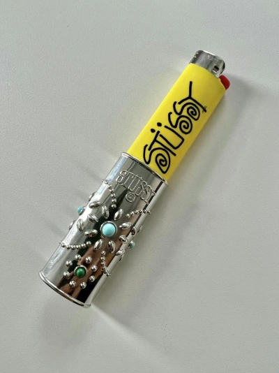 Pre-owned Stussy Stüssy Metal Bejeweled Lighter Case In Silver