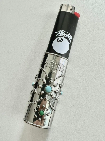 Pre-owned Stussy Stüssy Metal Bejeweled Lighter Case In Silver