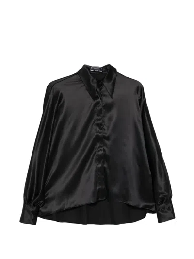 Styland Kimono-sleeve Satin Shirt In Black