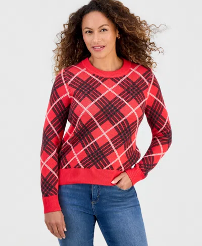 Style & Co Petite Plaid Crewneck Sweater, Macy's Exclusive In Lollipop