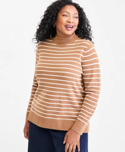 Style & Co Plus Luxsoft Stripe Rollneck Sweater, Macy's Exclusive In Brown