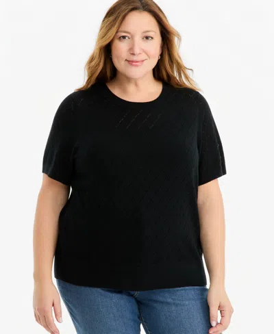 Style & Co Plus Size Pointelle Crewneck Short-sleeve Sweater, Macy's Exclusive In Black
