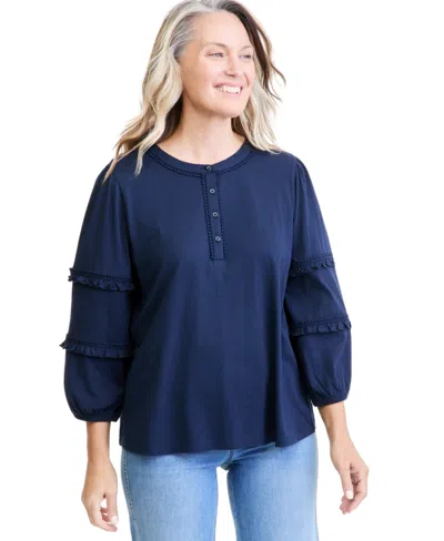 Style & Co Women's 3/4-sleeve Ruffle Sleeve Henley Blouse, Macy's Exclusive In Brown