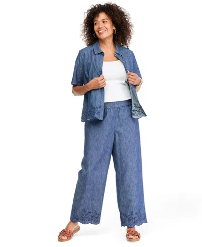 Style & Co Women's Chambray Embroidery Wide-leg Ankle Pants, Macy's Exclusive In Blue