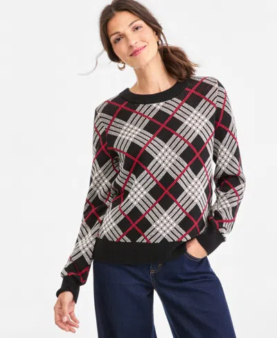 Style & Co Women's Plaid Crewneck Sweater, Macy's Exclusive In Deep Black