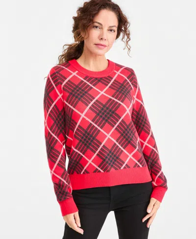 Style & Co Women's Plaid Crewneck Sweater, Macy's Exclusive In Lollipop